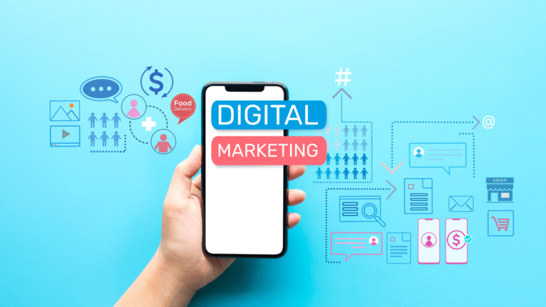 A graphic representing a Toronto local business owner optimizing website, social media, and local SEO to build a strong digital presence and attract customers.