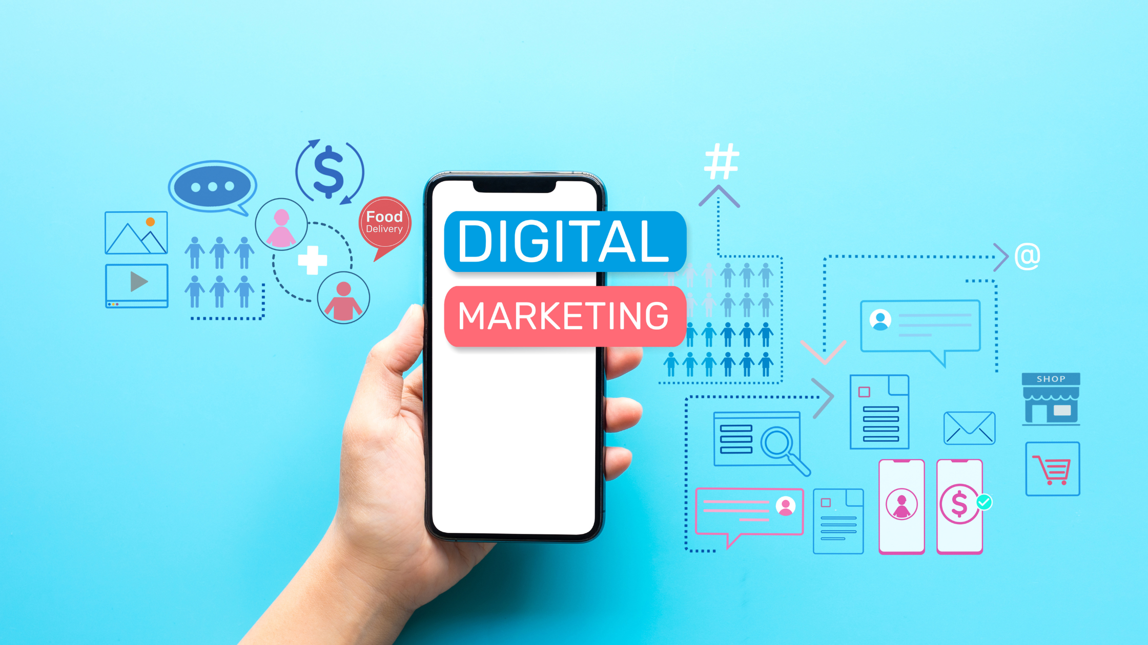 A graphic representing a Toronto local business owner optimizing website, social media, and local SEO to build a strong digital presence and attract customers.