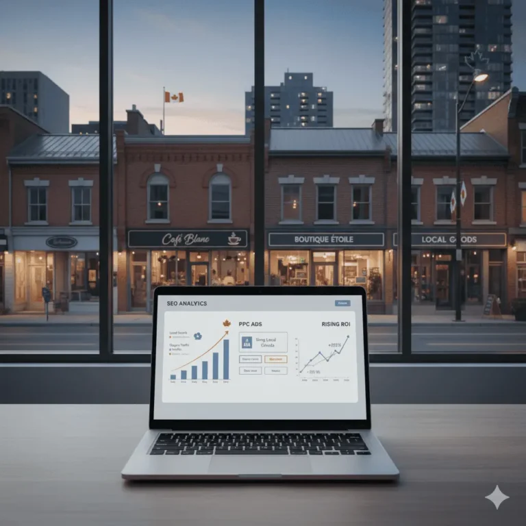 Canadian brick-and-mortar businesses with a laptop showing SEO and PPC analytics, symbolizing how digital marketing strategies boost ROI for local companies in Canada